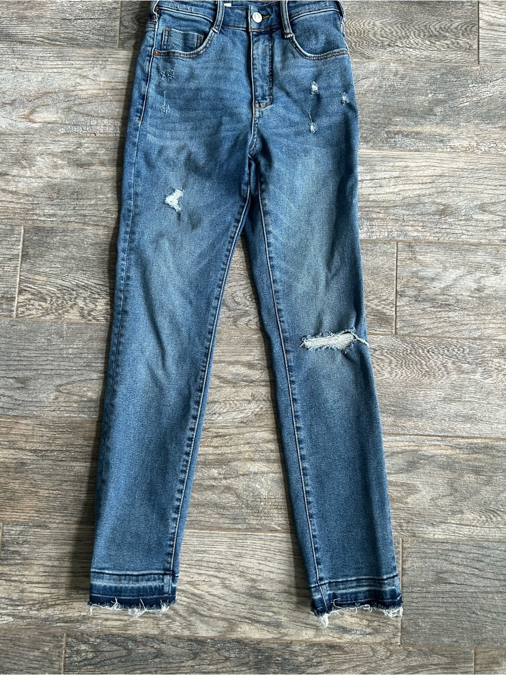 Pilcro Distressed Skinny Jeans in Medium Blue Wash